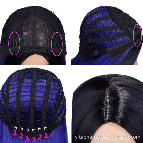 Ombre Blue Wig Long Straight Colored Synthetic Hair Wigs for Black Women Natural Heat Resistant Party Cosplay Costume Wig